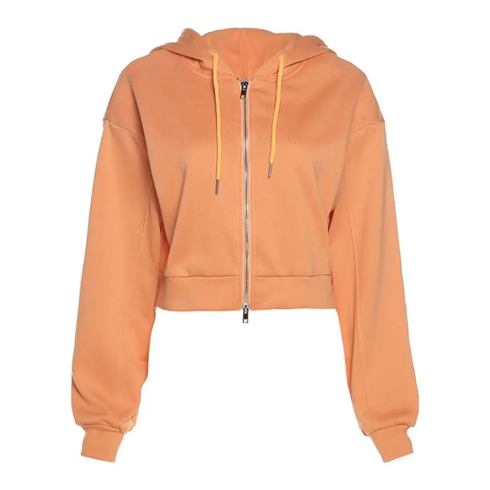 

Lady Short Hoodie Sweatshirt Cardigan Solid Color Zipper Drawstring Casual Short Long Sleeve Cardigan Autumn Coat for Daily Wear