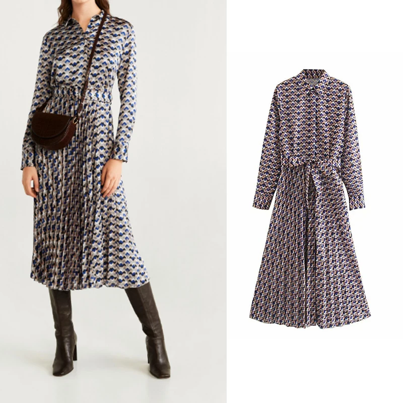 

2021 Women's Casual Pleated Geometric Print Dress Long Sleeve Dress Chic