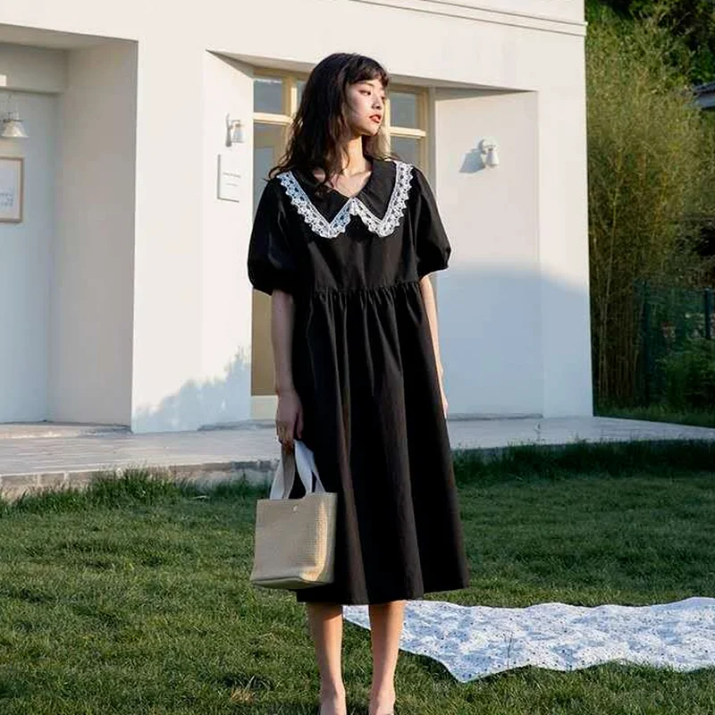 Женское платье с коротким рукавом винтажное кружевное лоскутное в стиле преппи