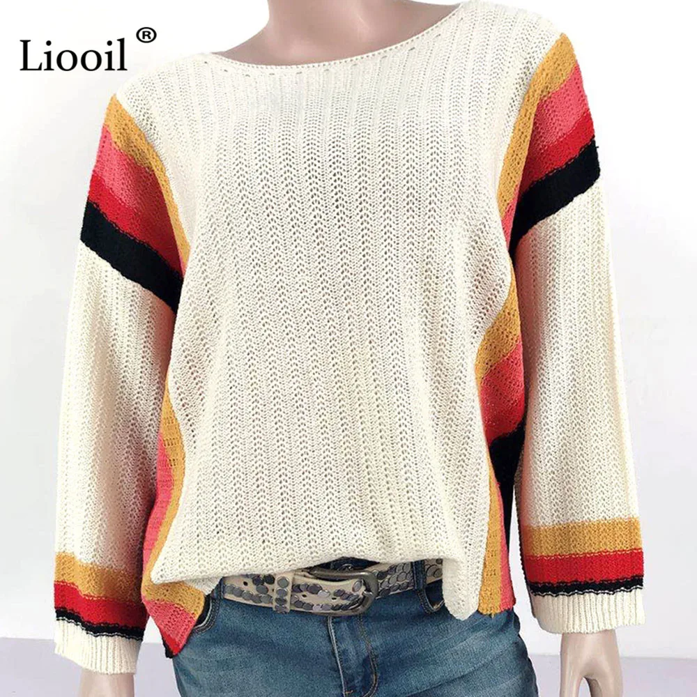 

Liooil Casual Loose Patchwork Knitted Sweater For Women 2020 Long Sleeve O Neck Female Color Block Autumn Pullover And Blouses