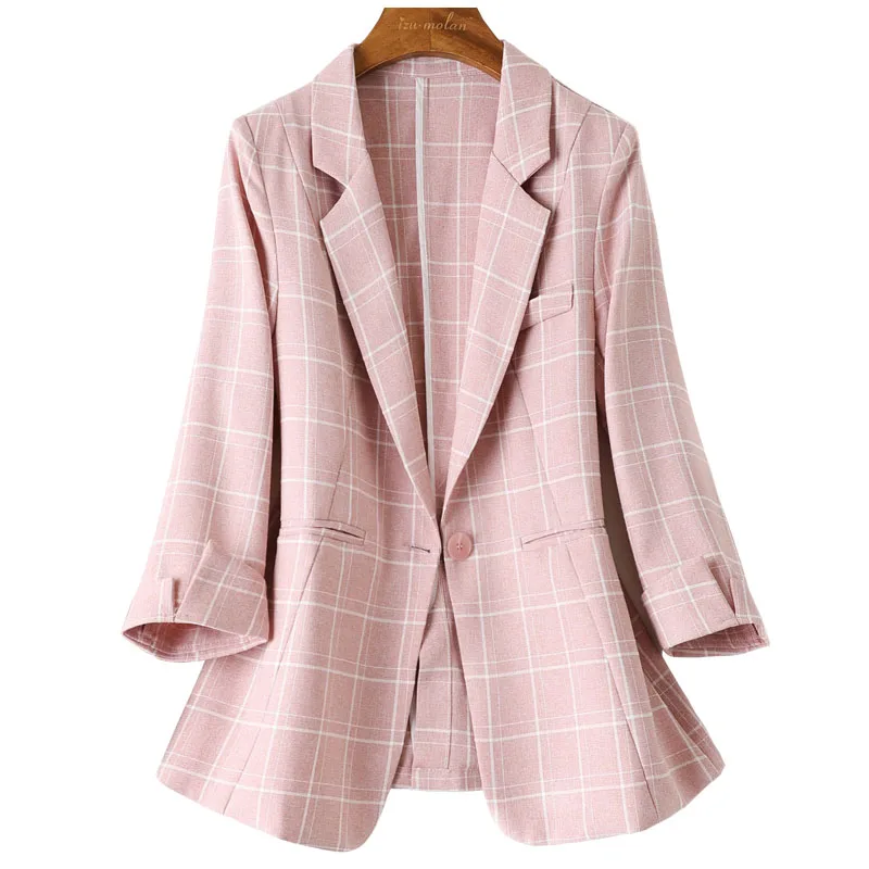 

Thin plaid short suit 2021 new slim fashion three-quarter sleeves Korean pink female jacket