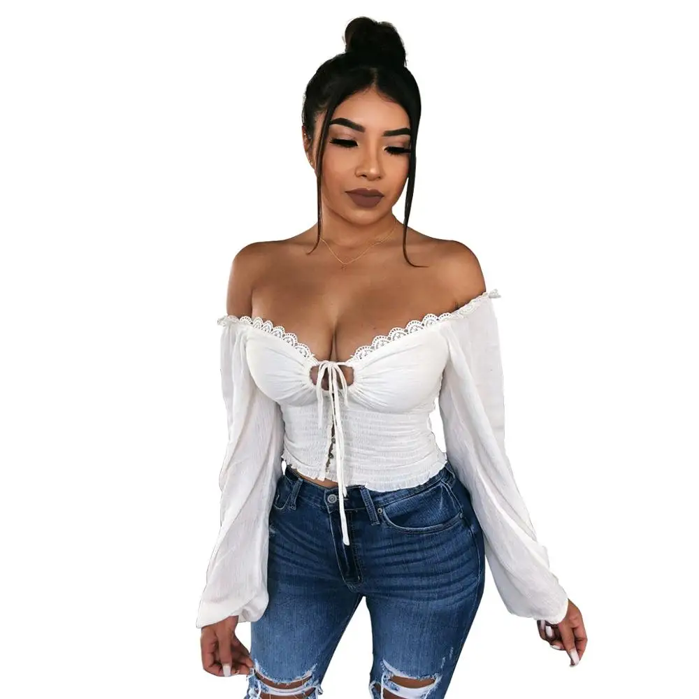 Женская Осенняя однотонная блуза с открытыми плечами v образным вырезом и