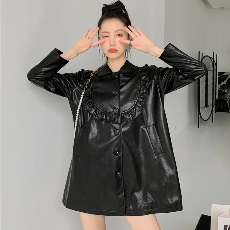 

Black Leather Jacket Spring Autumn Women Vintage Streetwear Hip Hop Gothic Casual Loose Faux Leather Coat Female Outerwear 4148