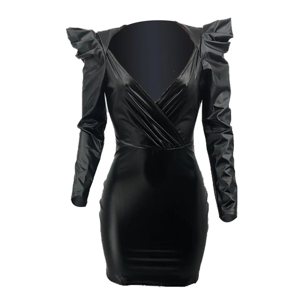Сексуальное платье с v-образным вырезом и длинными рукавами-фонариками черное