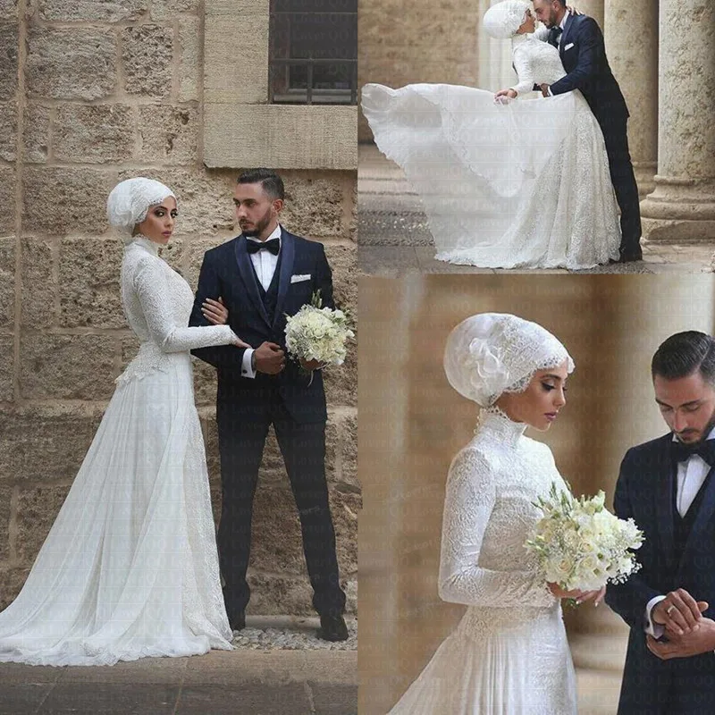 2019 скромное арабское Дубай кружевное свадебное платье es с высоким воротом и