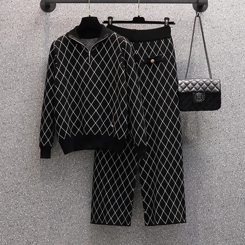 

Plus size Autumn Knit 2 Piece Set Women lattice Cardigan Sweater + Wide-Leg Pants Two Piece Outfits Women Crop Top Trousers Suit