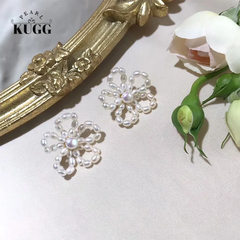 

KUGG PEARL 14k Gold Filled Earrings Natural Fresh Water White Pearl Earrings Handmade Pearl Jewelry Stud Earrings Flower Design