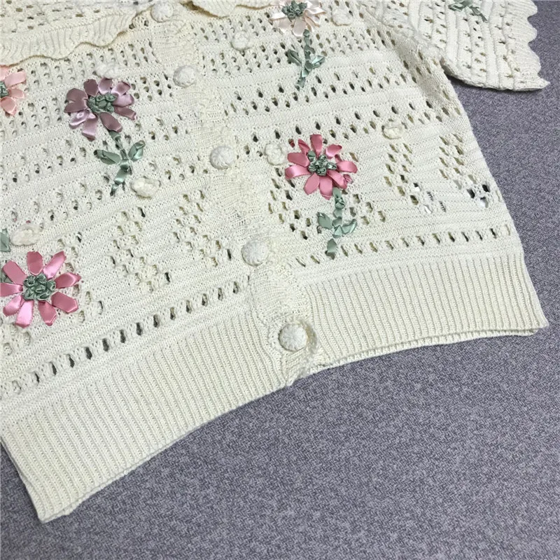 

Luxury Designer Brand Knitted Sweater for Women Turn Down Collar Crochet Short Sleeve Hollow Out Knitted Cardigans Clothes