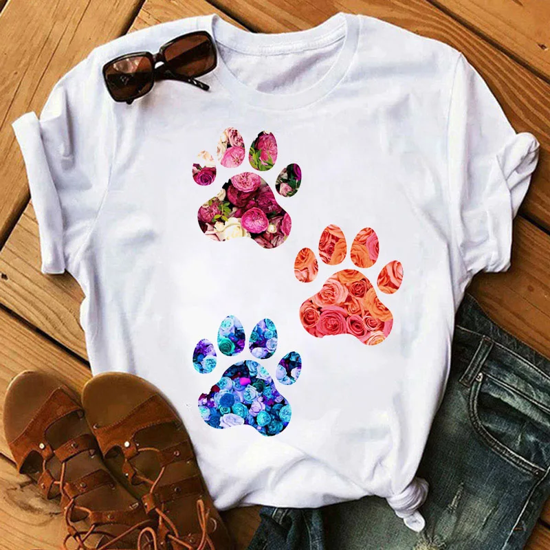

Fashion Women T Shirt Red Heart Dog Paw Print T Shirt Summer Casual Tops Female Short Sleeve Tee Shirts Ladies Cute T-shirt Tops