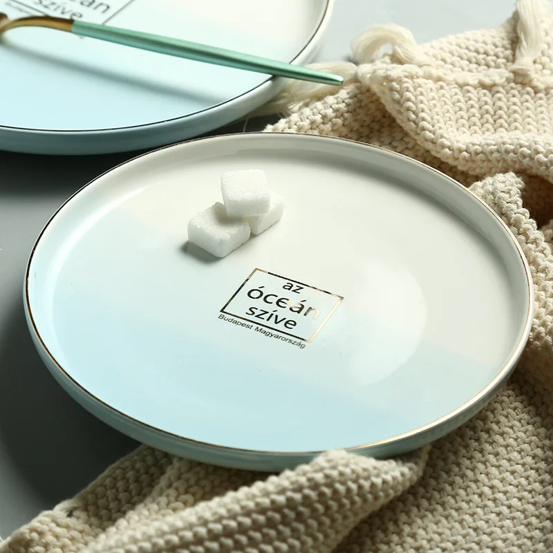 Скандинавская сине белая керамическая тарелка меняющая цвет океанская круглая