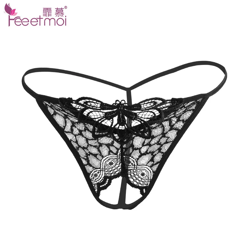 Сексуальные черные кружевные трусики женские стринги с открытой промежностью