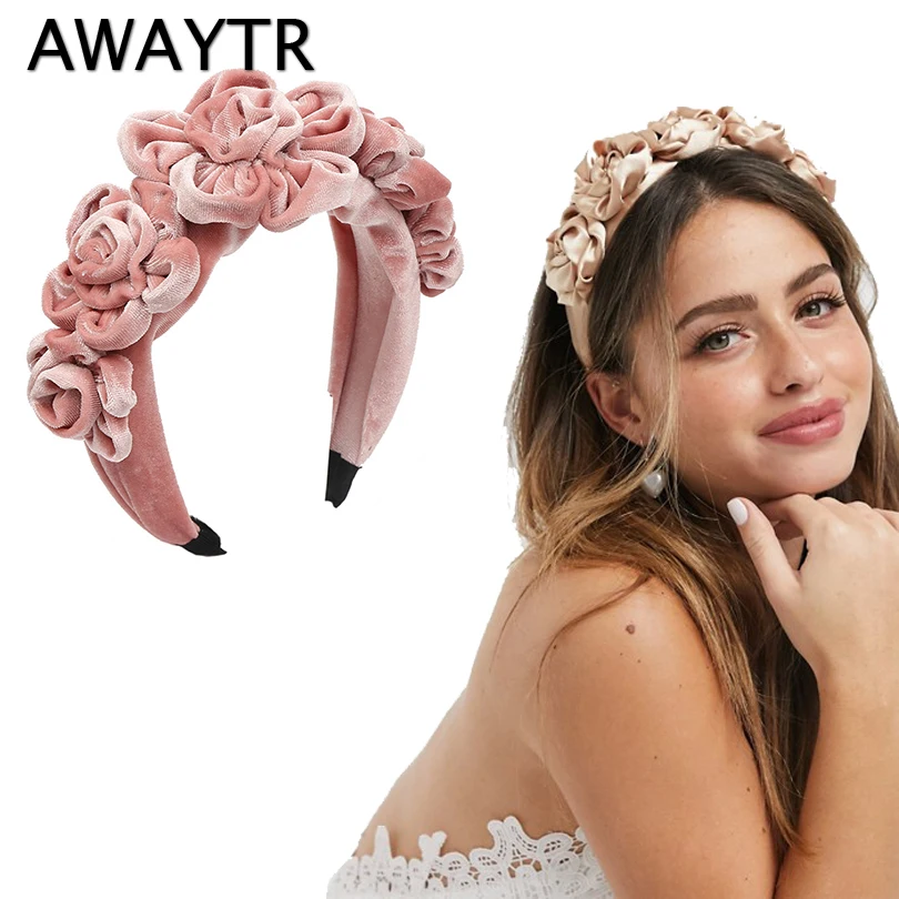 Женский бархатный обруч для волос AWAYTR однотонный с пионами и цветами модный