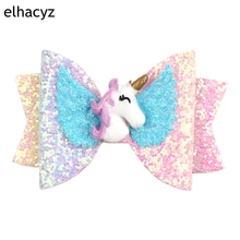 Bonito lazo para el pelo con purpurina gruesa de 3,5 "para niña, horquillas con alas de unicornio, pinzas para el pelo de arcoíris, accesorios para el cabello para niña hechos a mano (3)
