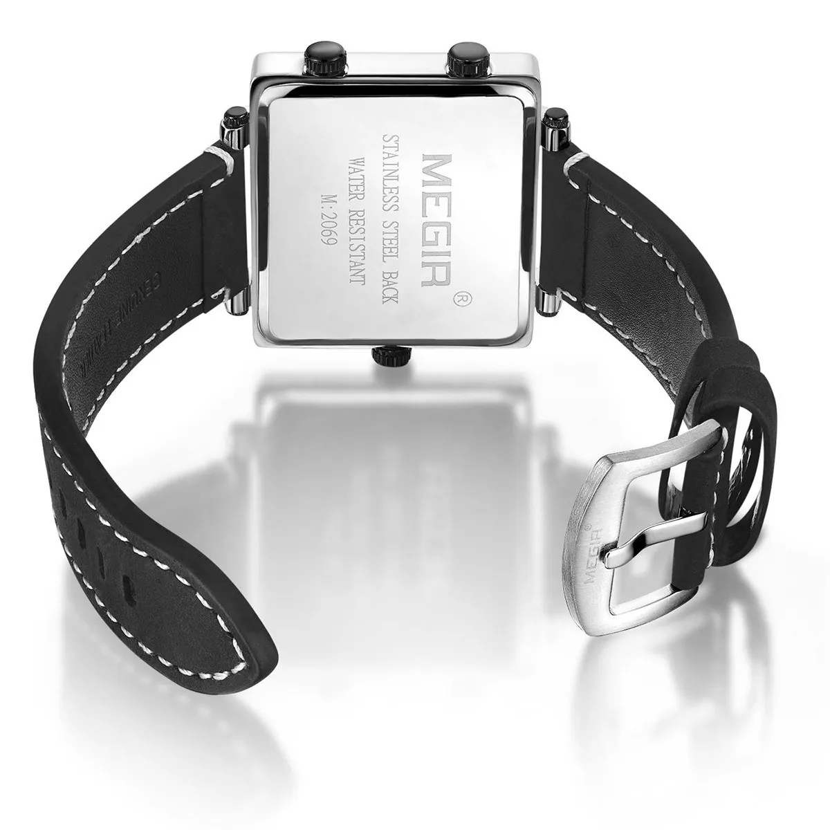 

megir 2069 Retro Square Dial Quartz Men Watch Sport Wristwatch Multi Time Zones 3ATM Waterproof 3 Dials Square Watch for Men