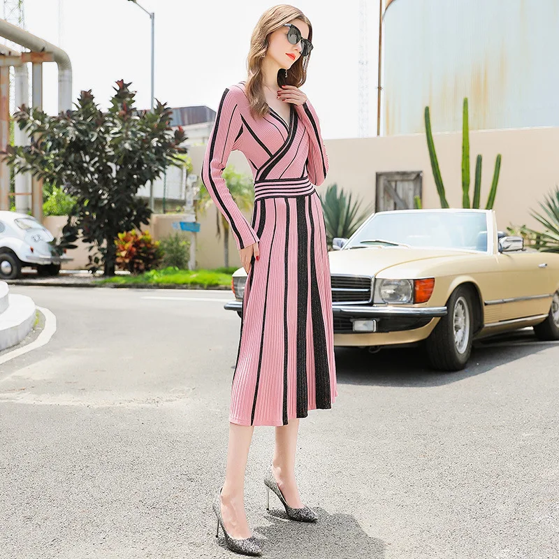 

Sweet Lady Girl Vintage Elegant Striped Midi Long Dresses V neck Winter Autumn A Line Knitting Dress Vestidos Knitted