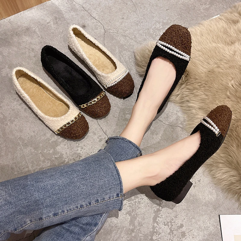 

Women Female Shoes Loafers Fur Mixed Colors Round Toe Casual Sneaker Pearl Decorateion Dress Winter Moccasin Beading Flock Rubbe