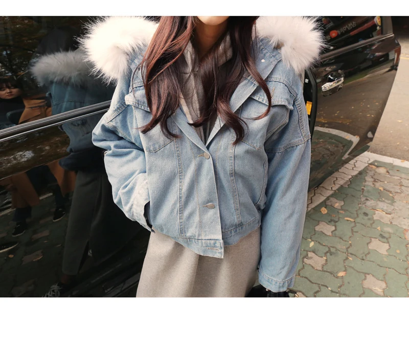 Новинка зимы джинсовая одежда Chaqueta короткая куртка с большим меховым воротником, пальто с искусственным мехом JN902