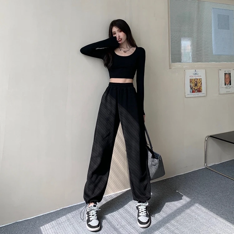 

Fashion Women Loose Fried Street American Loose Solid Color Elastic Waist Sweatpants Women Casual Leggings Pants Gray High Wais