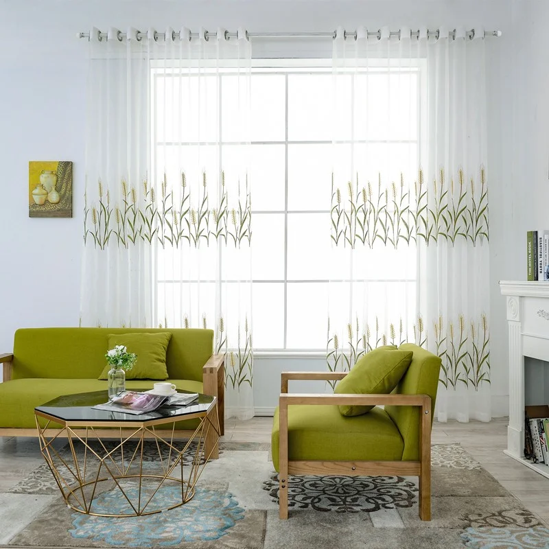 Белая прозрачная занавеска с рисунком пшеничных ушей деревенская вуаль для