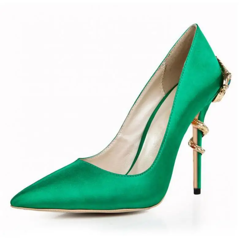 

Fashion Green Silk Shoes Woman Sexy Snake Gold Pointed Toe Shallow Thin Heels Ladies Shoe Pumps Brides High-heeled Women Sandals
