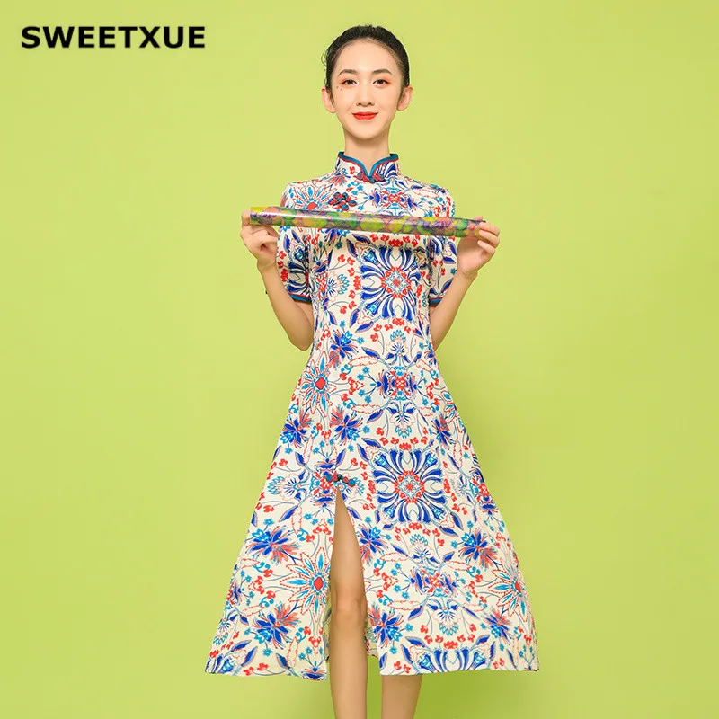 Летнее платье Ципао SWEETXUE в улучшенном стиле для девушек модное современное с
