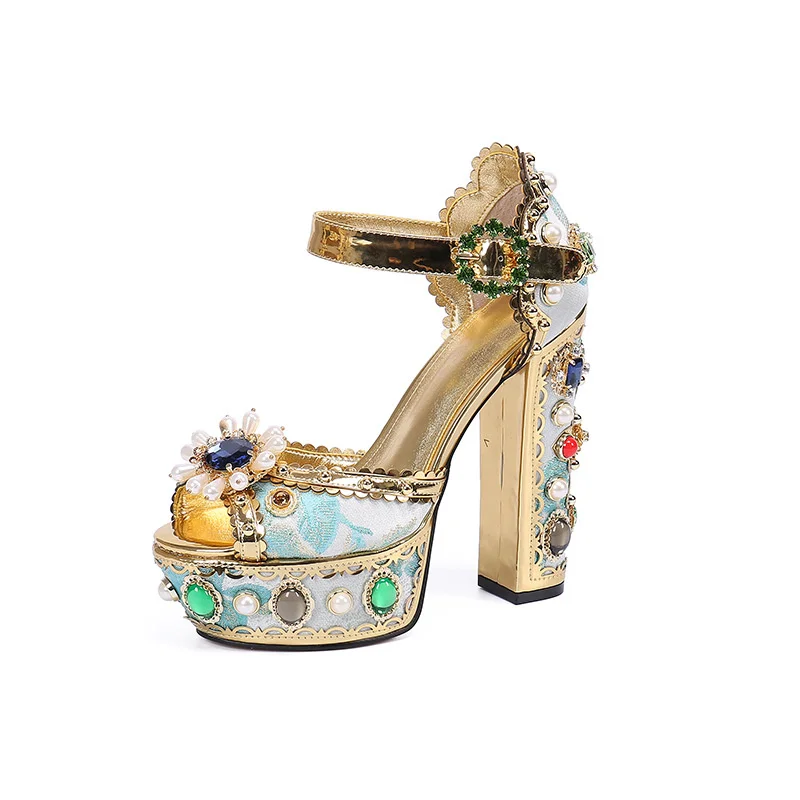 

Large women's shoes inlaid with diamond fish mouth high heeled shoes waterproof platform thick heeled shoes night club high