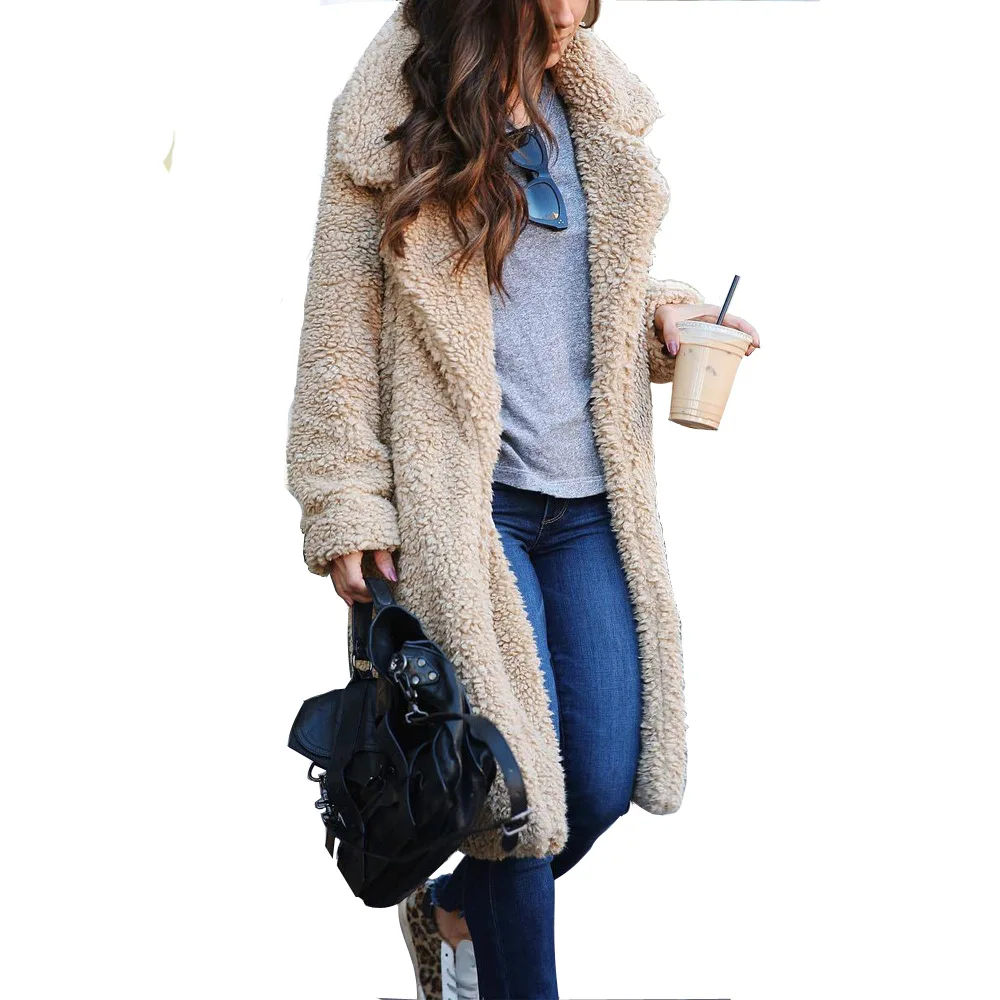 

2020 Autumn Winter Hot Selling European and American Hot Style Street Solid Color Loose Long-Sleeved Women's Plush Long Coat