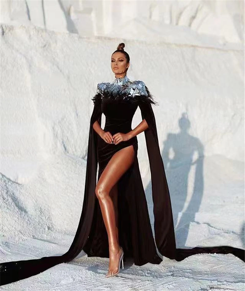 

Женское вечервечерние платье, черное платье в пол из искусственного шелка, с высоким воротником и блестками