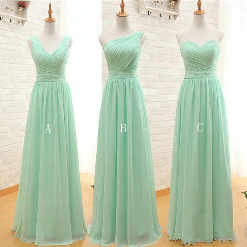 

A B C Mint Green Long Chiffon Bridesmaids Dress A Line Pleated Beach Bridesmaid Dresses Maid of Honor Wedding Guest Gowns