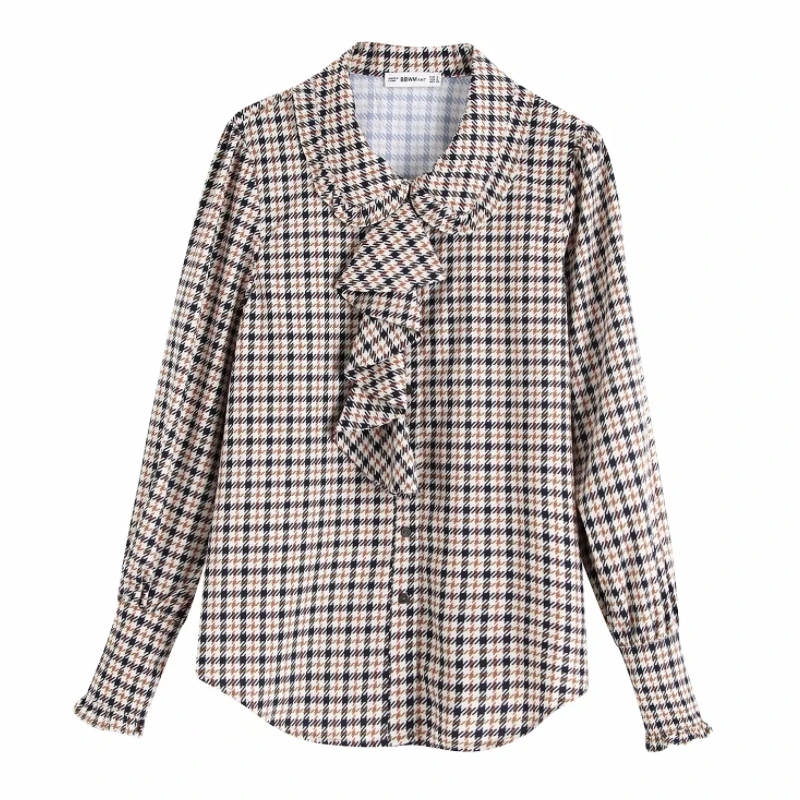 Модная женская клетчатая рубашка с каскадными рюшами осень 2019 свободная блузка