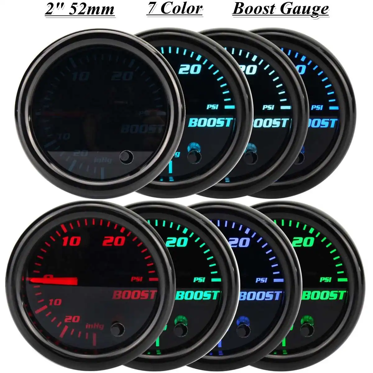 Boost gague 2 дюйма 52 мм Автомобильный Boost BAR psi нефтяной прессур Gague Температура масла Температура воды об/мин вакуумный Вольт Датчик Boost Gague с 7 однотонными цветами - Цвет: Boost gague