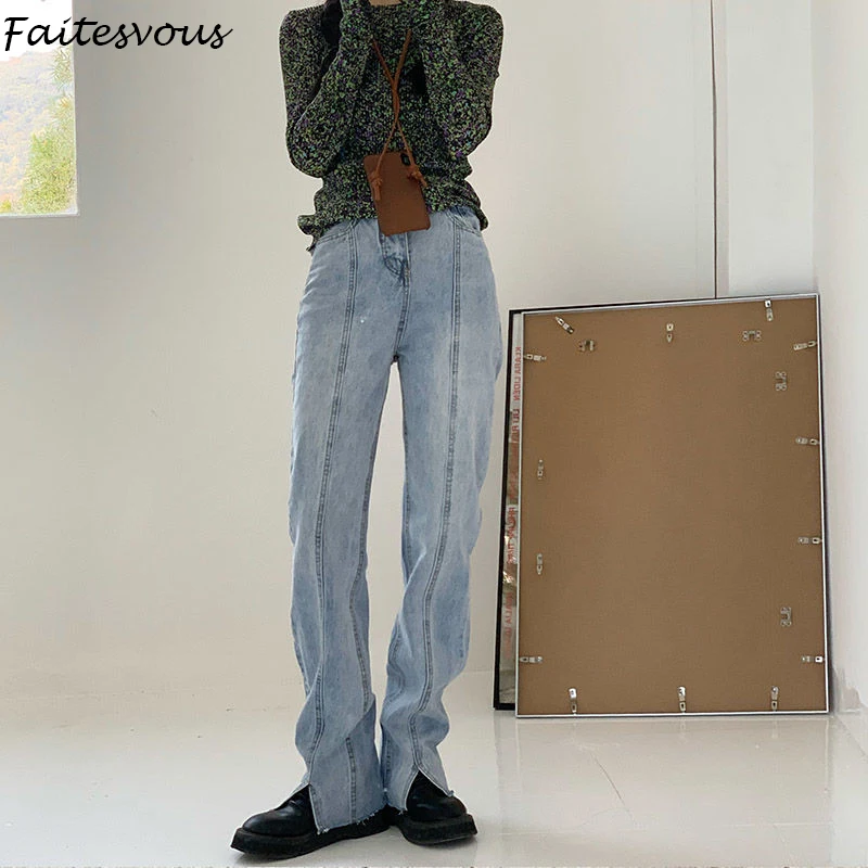 

Streetwear High Waist Straigh Jeans Women 2021 New Basic Blue Denim Wide Leg Pants Korean Slipt Mopping Trousers