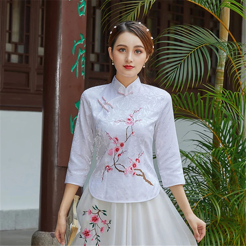 

Chinese cheongsam pink fashion retro Tang suit embroidered short Qipao shirt women's Blouse blusas mujer de moda 2020 hanfu