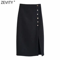 zevity new women vintage single buttons design tweed woolen split slim skirt faldas mujer ladies side zipper chic vestido qun874