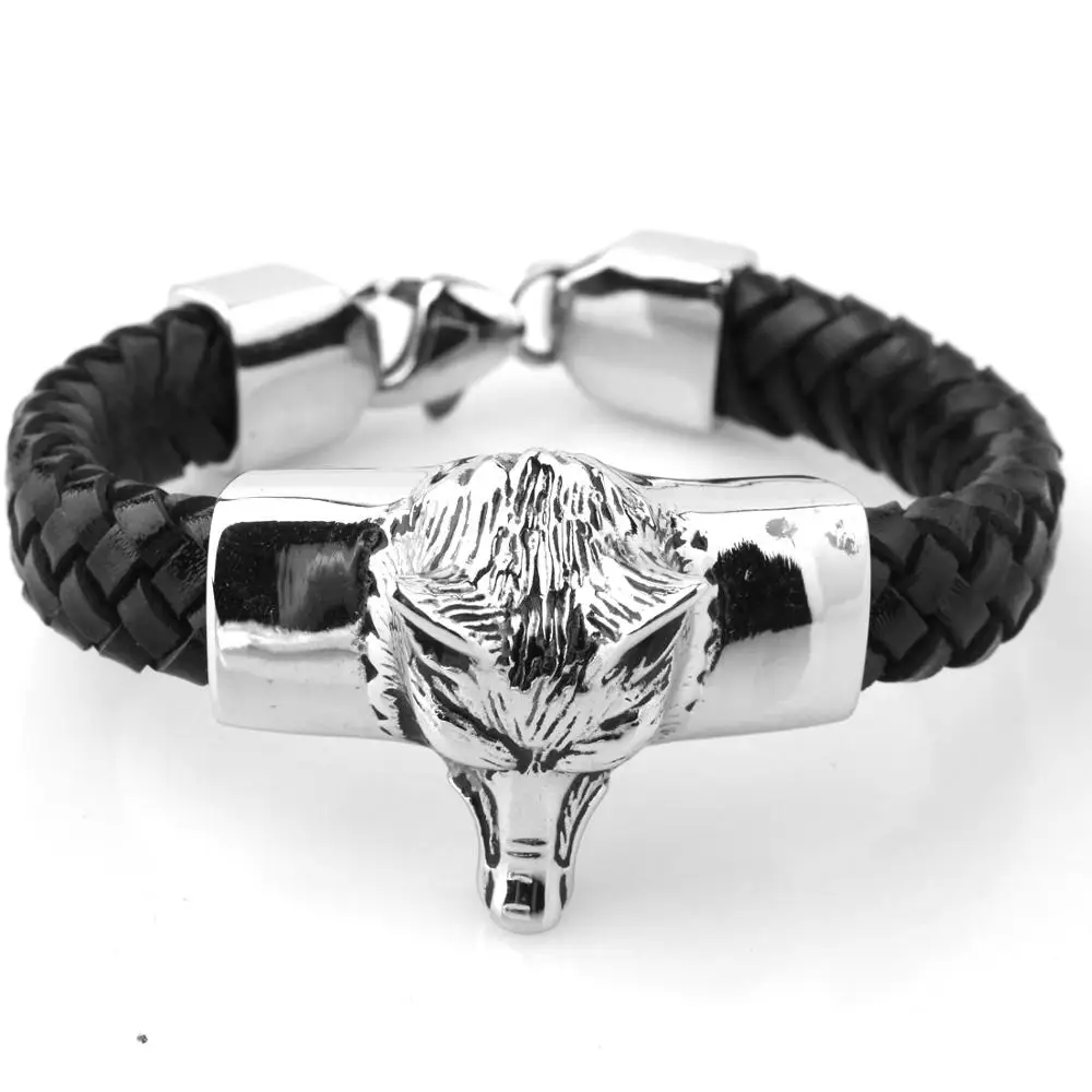 Мужской браслет из натуральной кожи Серебристый нержавеющей стали с головой
