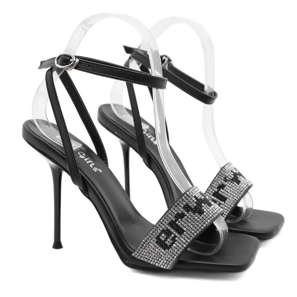 

2020 Summer Fashion Thin Heels Sandals Shoes Women Sandalia Rhinestones Sexy Party Lady Square Head Sandalia Shoes Women Black