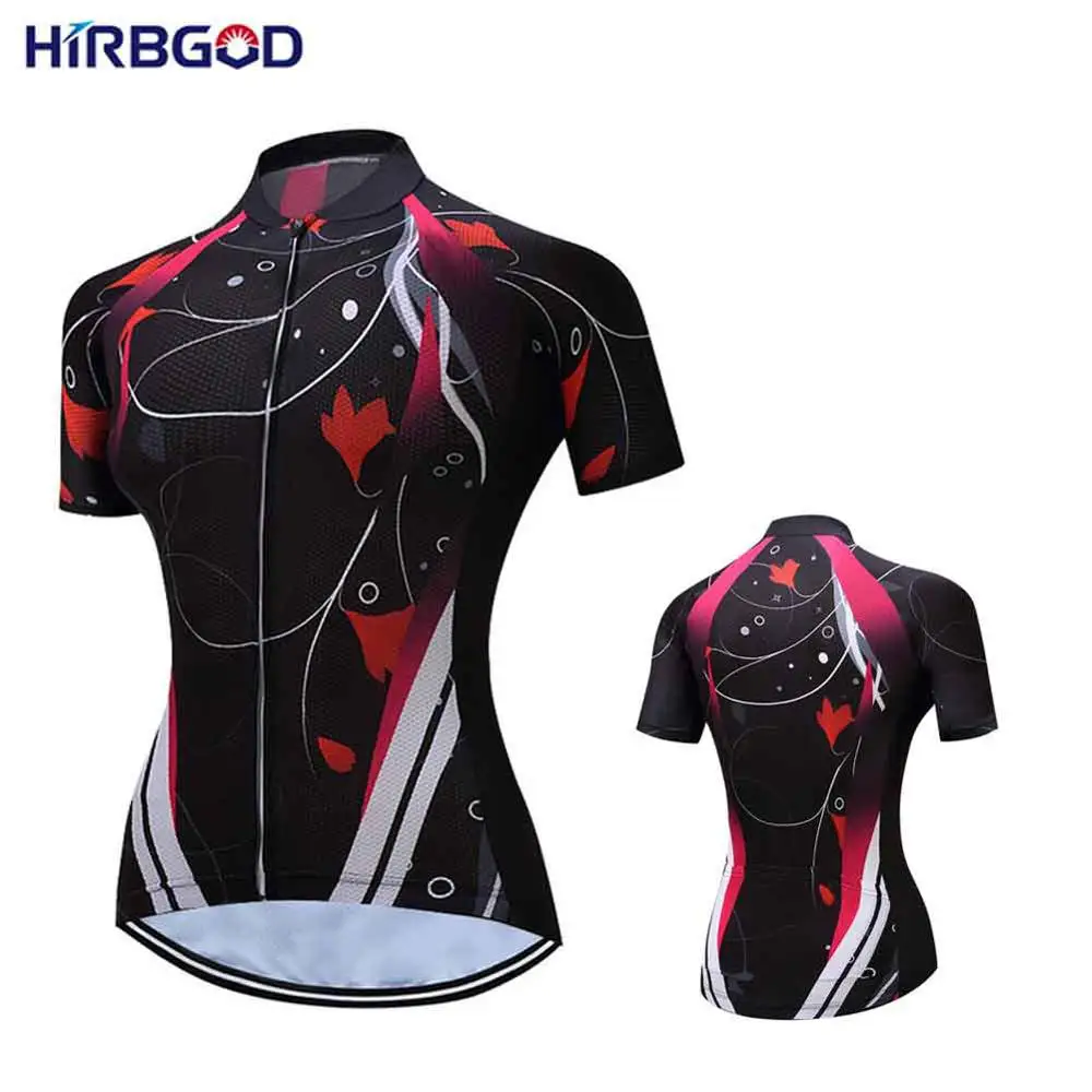 

HIRBGOD 2020 New Dazzling Black Cycling Jersey Women Red Leave Print Short Sleeve Bike Shirt Team Breathable Bike Tops,TYZ056-01
