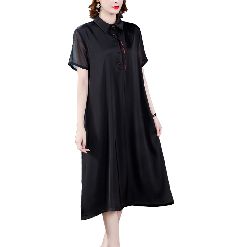 

Chinese style dress for women long summer new 2020 Short-sleeved dress ladies imitation silk loose mother dress elegant black
