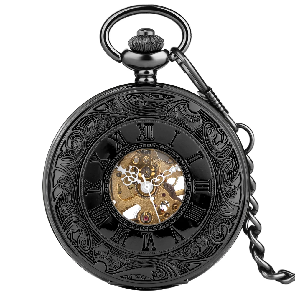 

Classic Black Roman Numerals Carve Manual Mechanical Pocket Watch Retro Pendant Hand Winding Luxury Pocket Timepiece Gifts Male