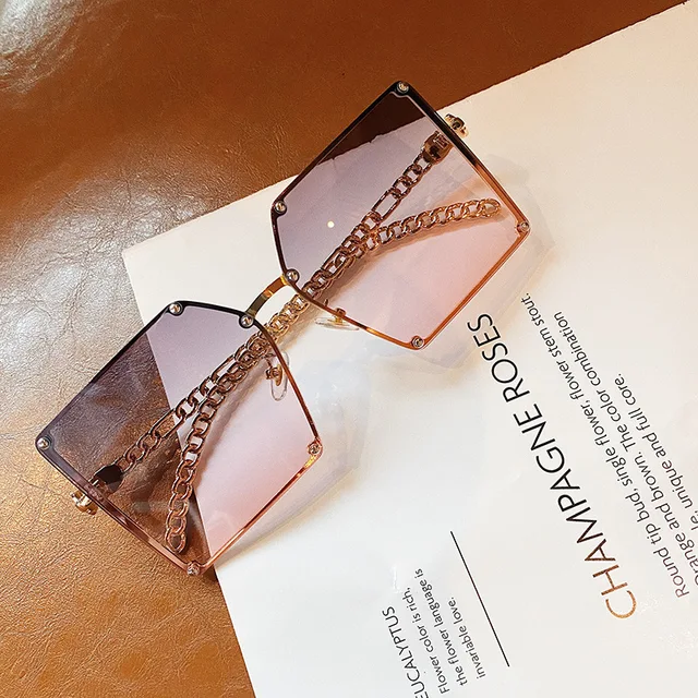 Metal Big Frame Square Sunglasses Woman Chain Leg .. Designer Oculos De Sol 3
