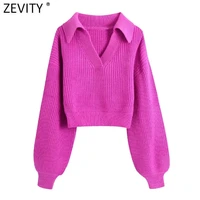 zevity women fashion v neck solid color short knitting sweater female chic pullovers high street ladies casual crop tops sw1035