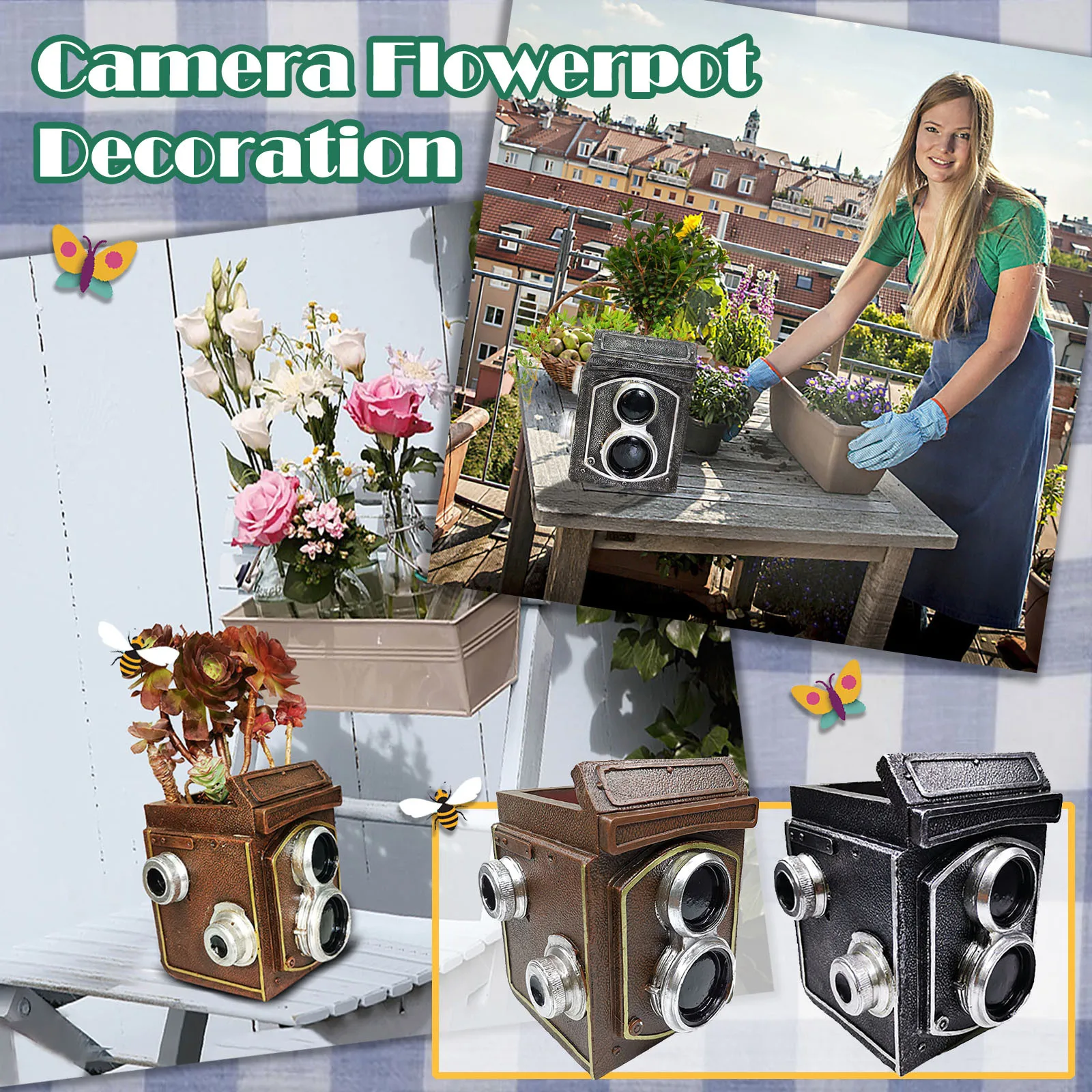 

Retro Camera-shaped Flower Pot Ornaments Multifunctional Resin Crafts Storage Box Flower Pot Decoration Pen Holder Box Орнаменты