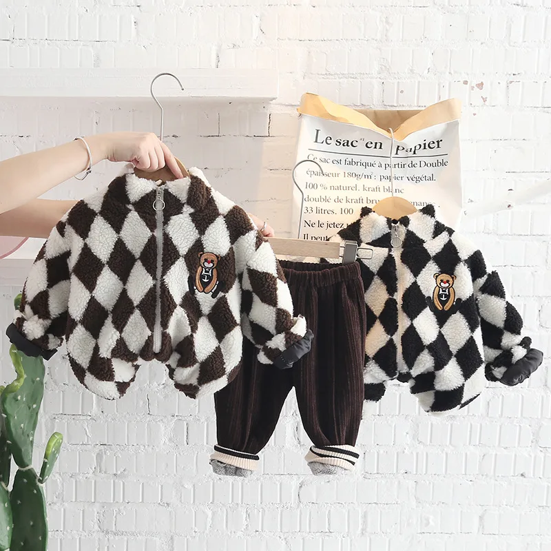 

Cute 2pcs Toddler Boys Warm Velvet Winter Clothing Sets Grid Pattern Coats Pants Suit Clothes for Children Boy