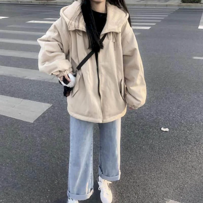 

FAKUNTN Both sides wear Padded Jacket women plus velvet thickening winter 2021 new Korean loose cotton coat lamb plush