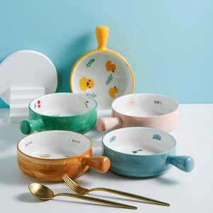 Nordic Cartoon Salad Bowl with Handle Household Ceramic Baking Bowl Creative Cute Instant Noodle Bowl Baked Rice Tableware Bowl