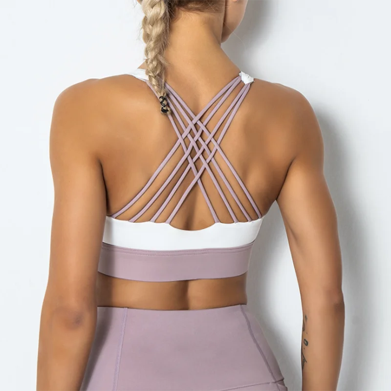 

Fitness Yoga Bra Cross Beauty Back Gathering Sports Underwear Contrast Stitching Gym Bra Women Workout Crop Top