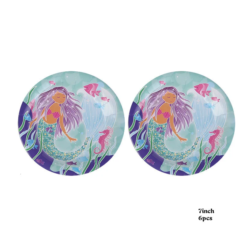 plate 7inch Русалочка, украшения для дня рождения, Детская одноразовая посуда, бумажный стаканчик, тарелки, тканевая скатерть, соломинки, товары для девочек - Цвет: plate 7inch