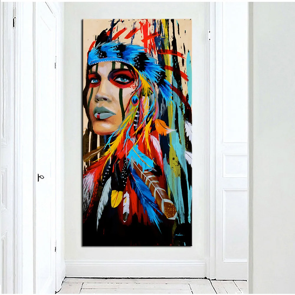

Beauty Abstract Feathere Girl Woman Colorful Portrait Canvas Painting for Home Living Room Bar Gym Wall Decor Drop Shipping
