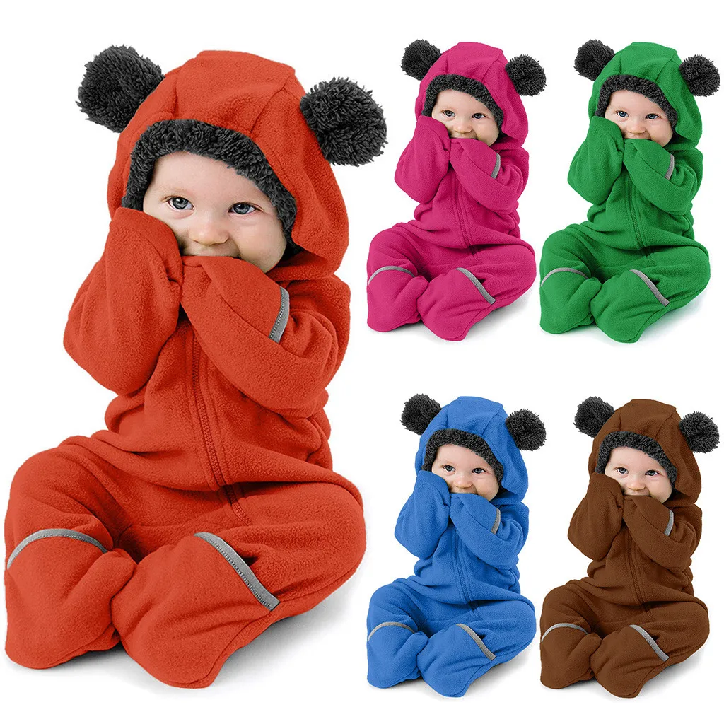 Детский однотонный флисовый комбинезон с капюшоном и ушками для маленьких