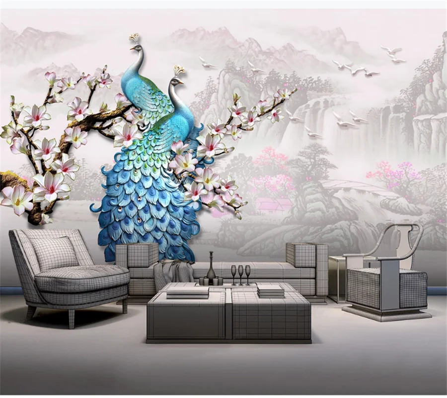 

wellyu Customized wallpaper 3d Chinese style flowing water three-dimensional relief blue peacock magnolia background wallpaper